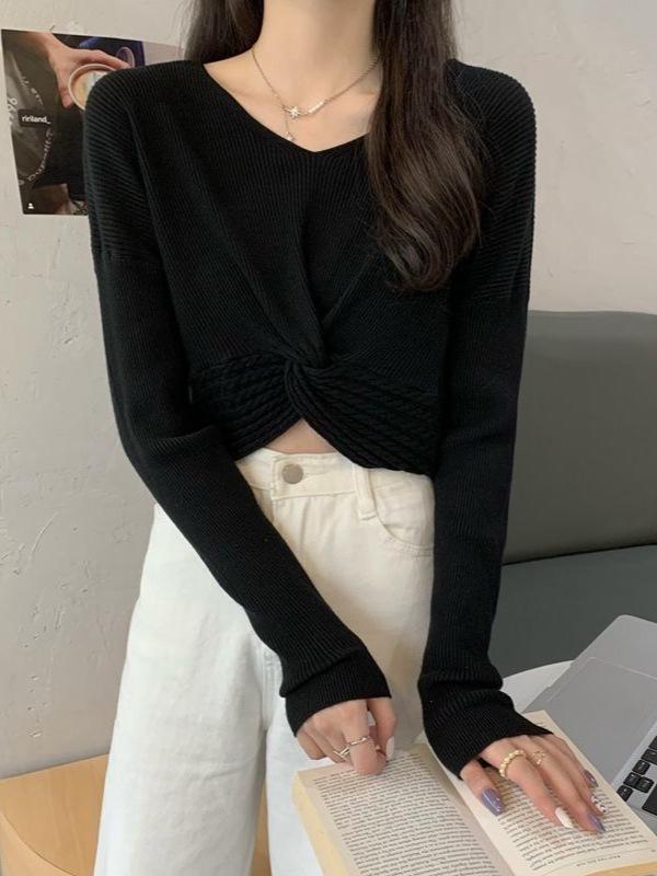 Autumn V-Neck Long-Sleeve Knit Sweater for Women