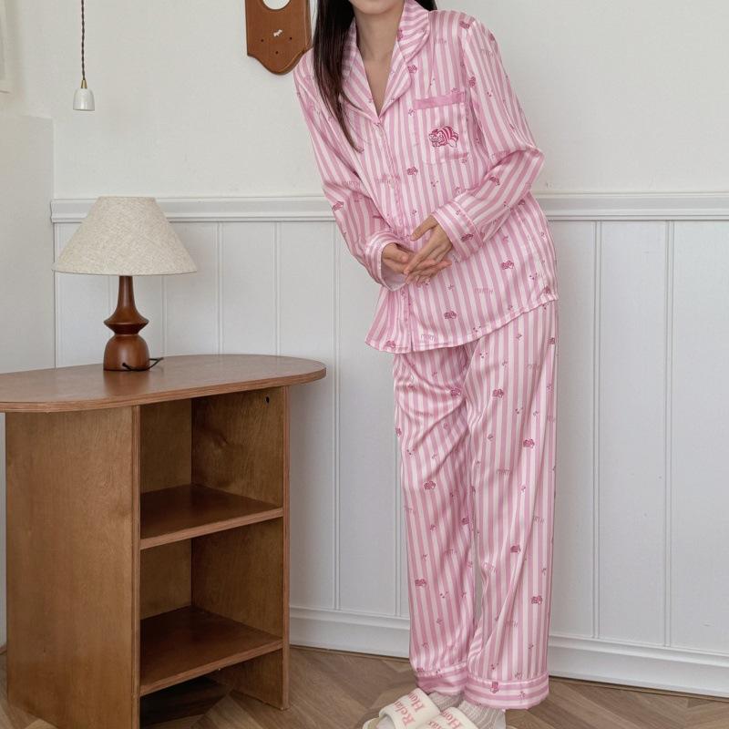 1011 Autumn New Women's Pajamas, High-End Striped Long Sleeve and Long Pants, Color-Blocked Cartoon Cute Collared Loungewear