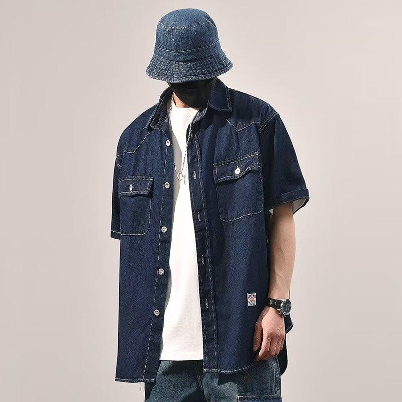 Японский ретро модный бренд летняя свободная джинсовая рубашка с короткими рукавами художественная молодежная рабочая рубашка мужская и женская многослойная куртка