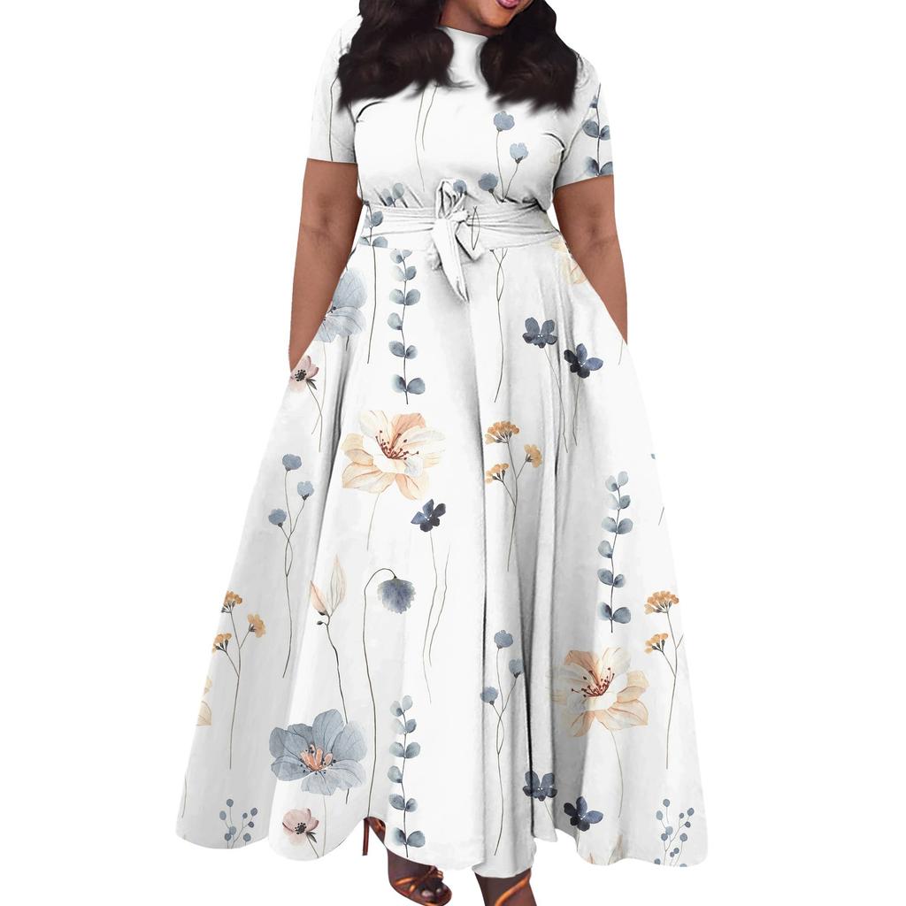 Женское повседневное модное свободное платье большого размера с принтом, круглым вырезом и короткими рукавами, карманными бретелями