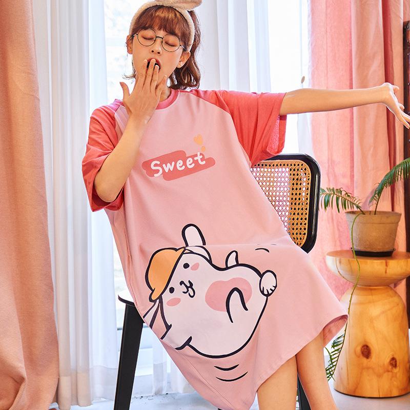 Милая хлопковая летняя ночная рубашка с рисунком для женщин – свободный крой, короткий рукав, корейский стиль, юбка средней длины