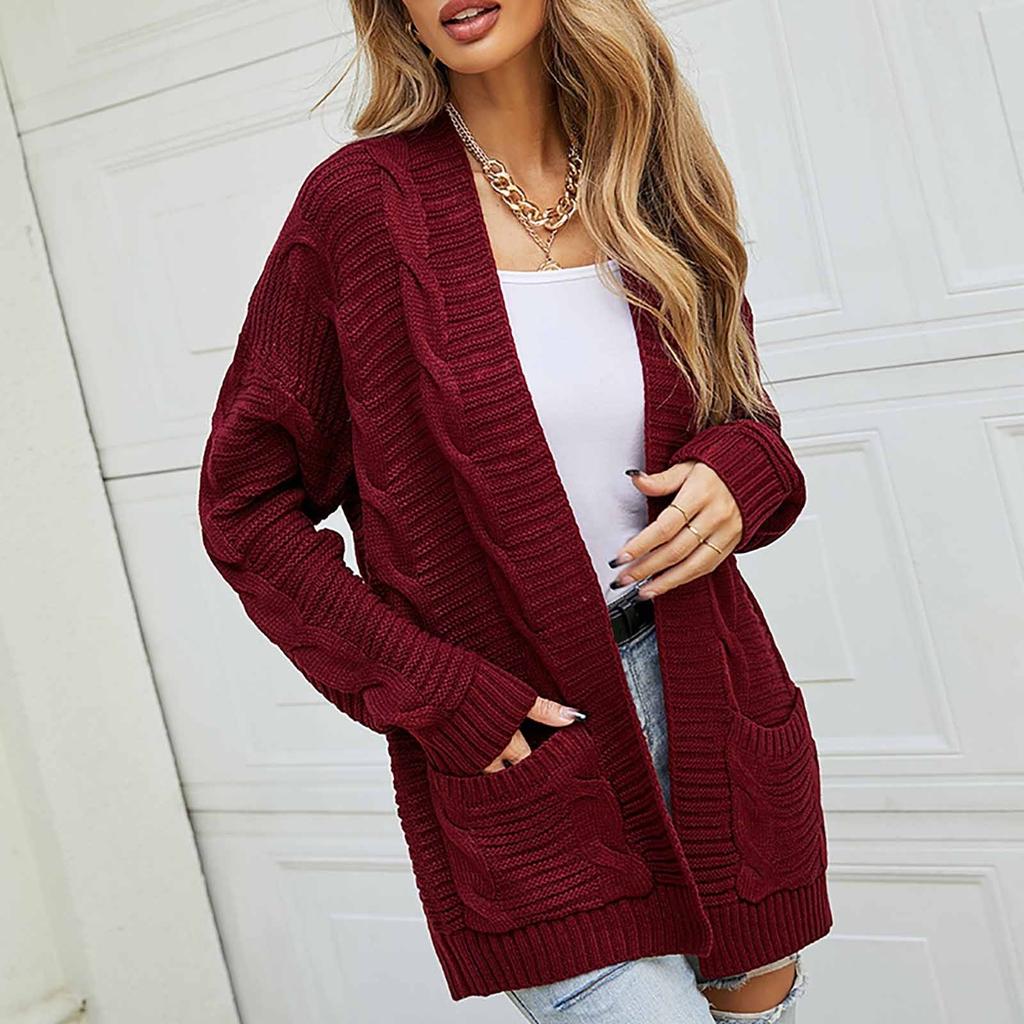 Женский однотонный свободный трикотажный кардиган средней длины с длинным рукавом для женщин