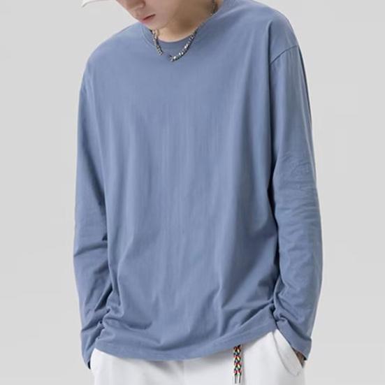 Men T-shirt Round Neck Long Sleeve Solid Color Pullover Tops Loose Fit Soft Breathable Tee Shirt Home Gym Street Wear