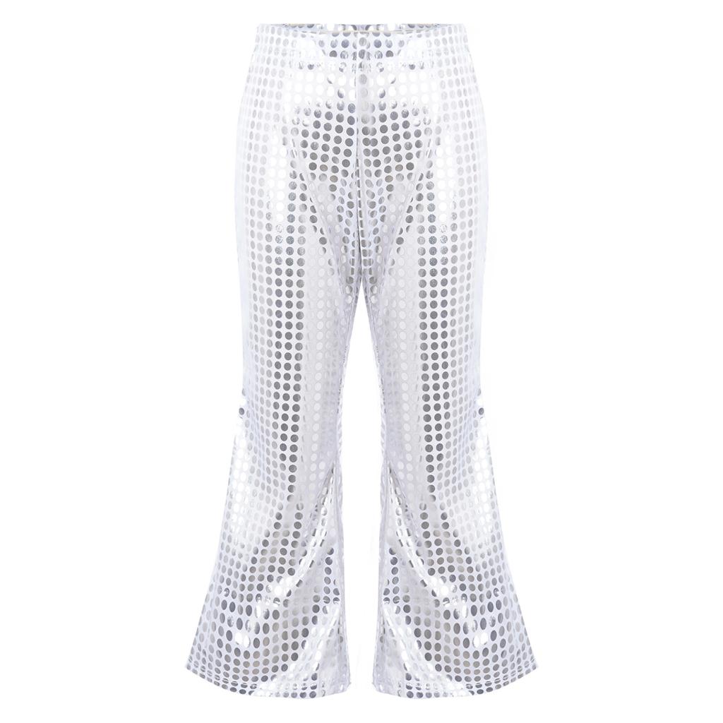 Детские расклешенные брюки для мальчиков и девочек, блестящие брюки с эластичной резинкой на талии и расклешенным низом для джазовых диско, брюки для современного танца на сцене