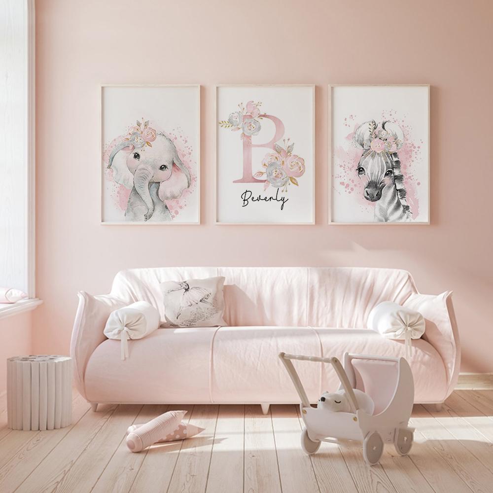 Personalized Canvas Painting For Nursery Customized Wall Art Poster And Prints Pink Flower Animals Elephant Lion Pictures Decor