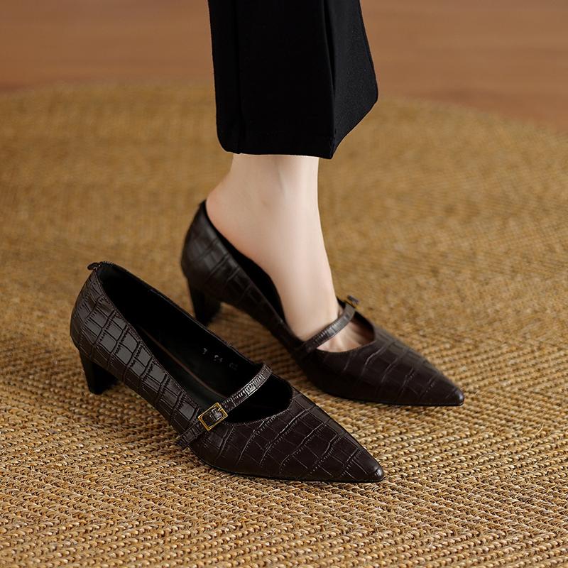 Модные женские новые туфли-лодочки из натуральной кожи на высоком каблуке с острым носком, с принтом из коровьей кожи, в стиле ретро, с ремешком и пряжкой, туфли Мэри Джейн, рабочие туфли