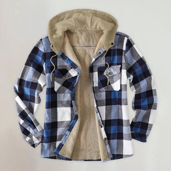 Men Coat Hooded Drawstring Long Sleeve Plaid Print Jacket with Pockets Buttons