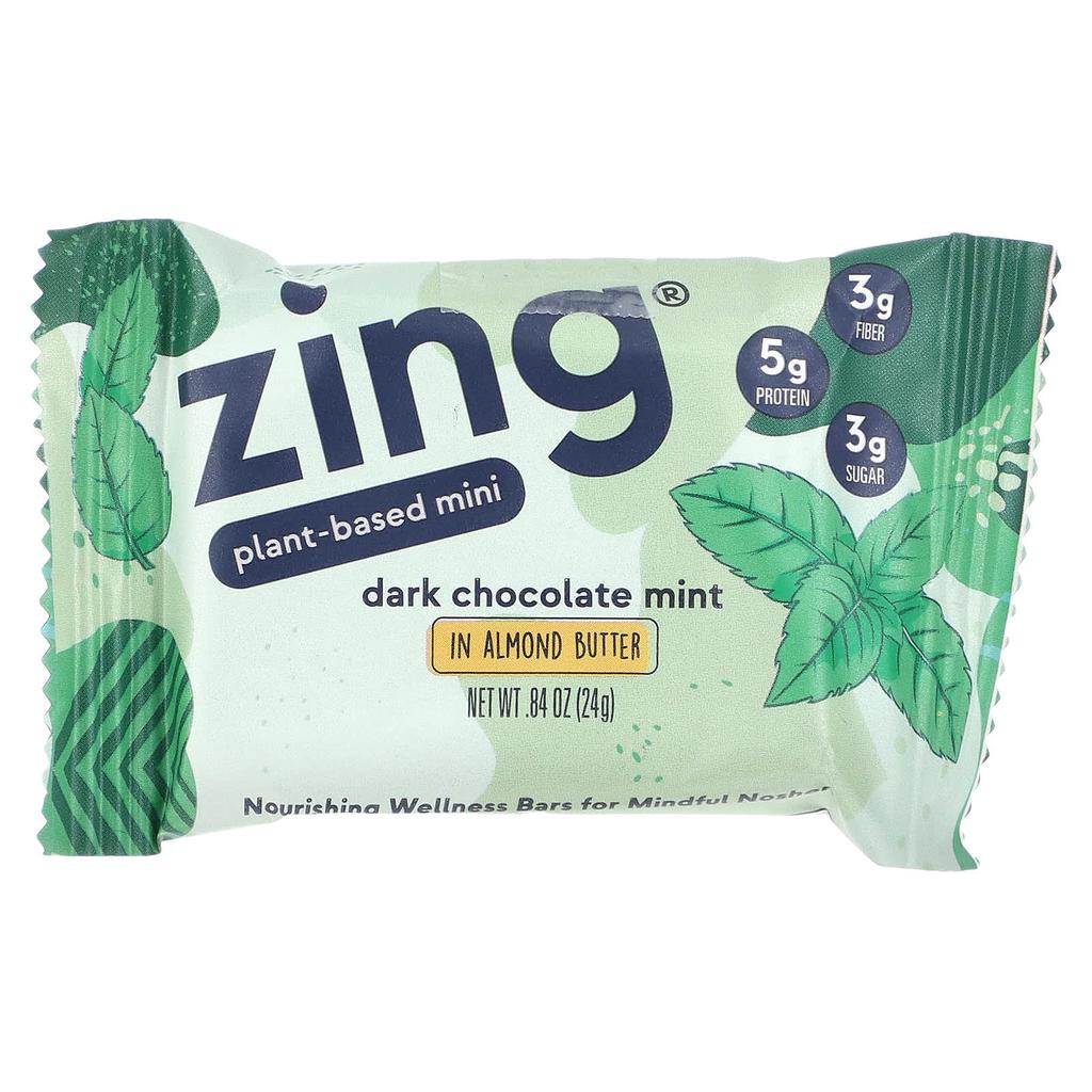 Zing Bars Vegan Mini Bars, Dark Chocolate Mint Almond Butter, 18 Bars, 0.84 Oz (24 G) Each