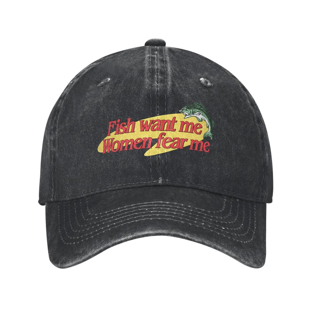 Fish Want Me Women Fear Me Light Vintage Baseball cap Portable Commuting Soft-Top Denim Hat