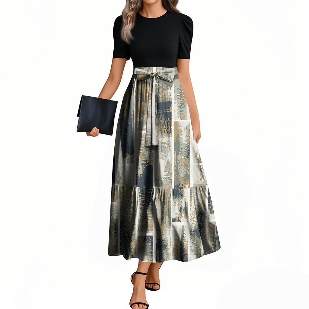 Женские модные повседневные платья с поясом, коротким рукавом, круглым вырезом, геометрическим узором, элегантные платья с темпераментом