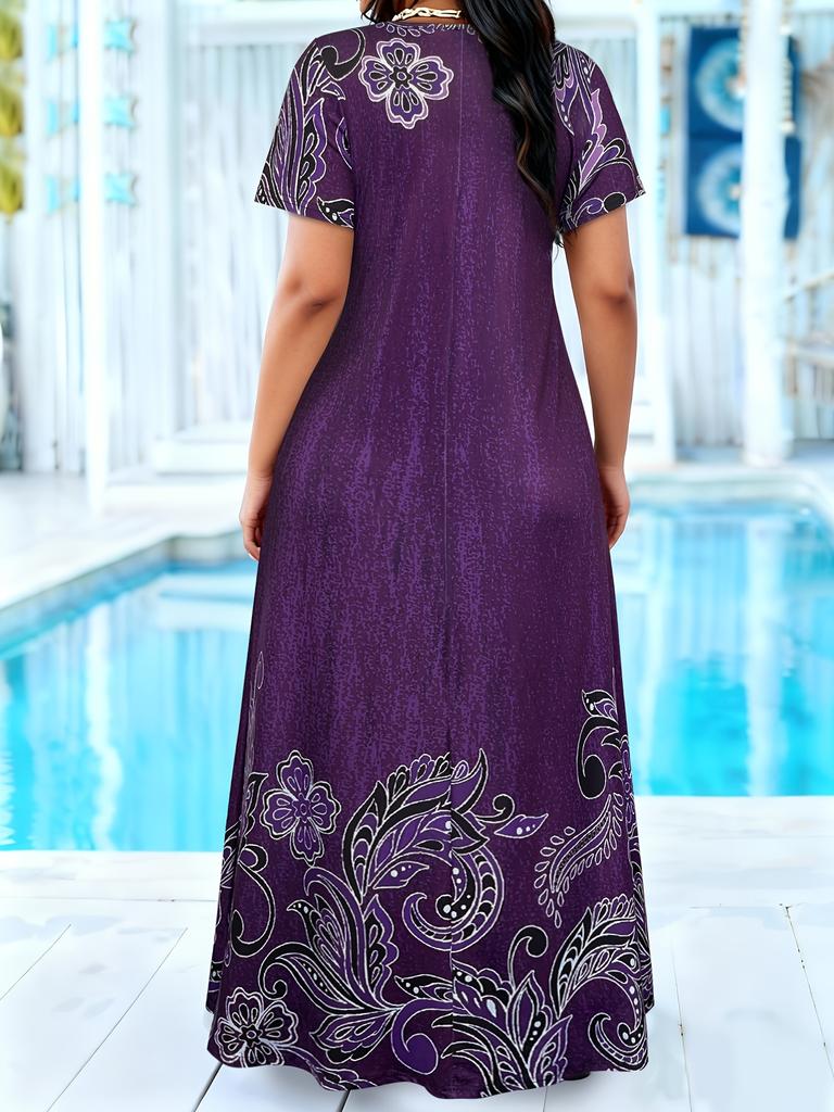 Plus-size women's spring/summer dress, round neck, short sleeves, floral print.
