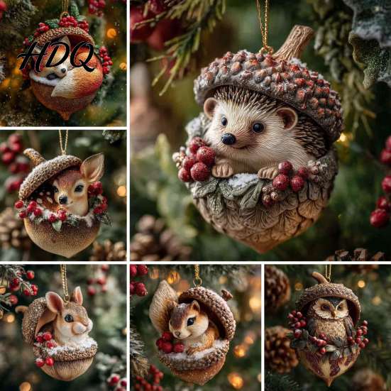 Детальные ornaments лесных животных Шишка Рождественские ornaments 2D Плоские акриловые Лес Рождественская елка Подвески Ретро стиль Подвески Милый Ёжик
