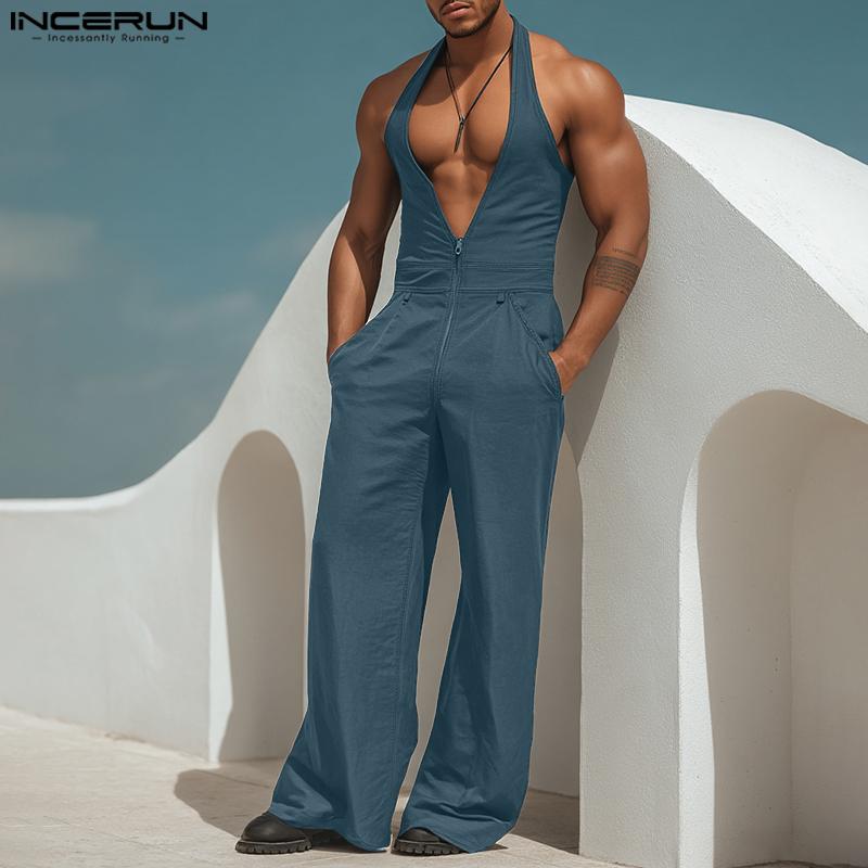 INCERUN Men Deep V Neck Zip-up Casual Long Rompers Jumpsuits