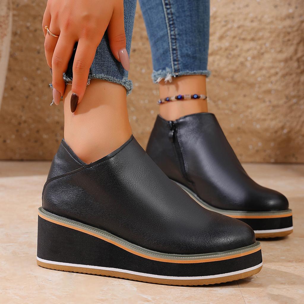Женские ботинки на танкетке, женские ботильоны в стиле ретро, модные ботинки на платформе с круглым носком, удобные кожаные туфли на молнии для женщин на каблуке