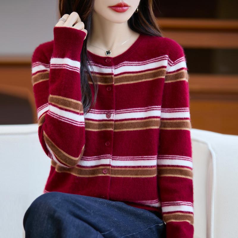100% Wool Stripe Knit Cardigan - Autumn Academy Style Long Sleeve Sweater.