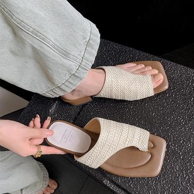 Французский ретро отпускной стиль плетеные носочные прохладные шлепанцы женские летние нишевые на высоком толстом каблуке с перемычкой для пальца
