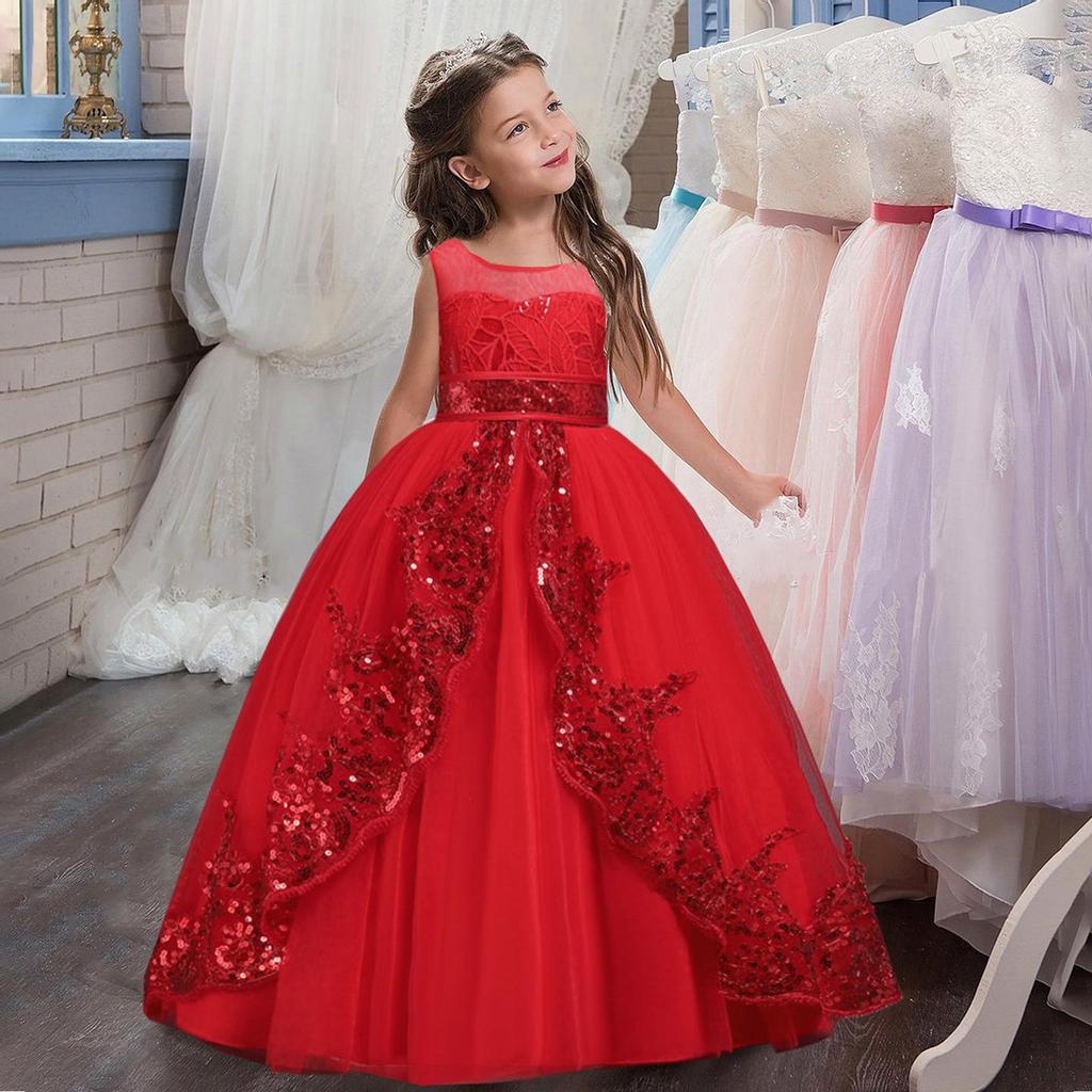 Sequin Princess Dress Wedding Dress Girls Show Long Performance Pompous Gauze Flower Children Wedding Dress