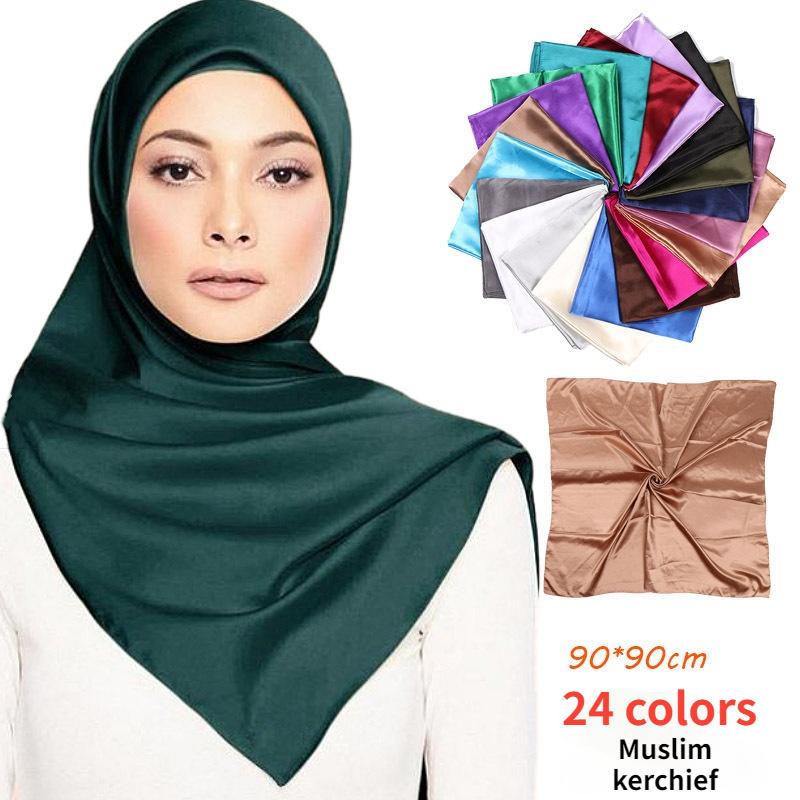 90cm Solid Color Big Square Scarf Fashion Simulation Silk Scarf Malaysia Satin Women Multi-purpose Headscarf EMA
