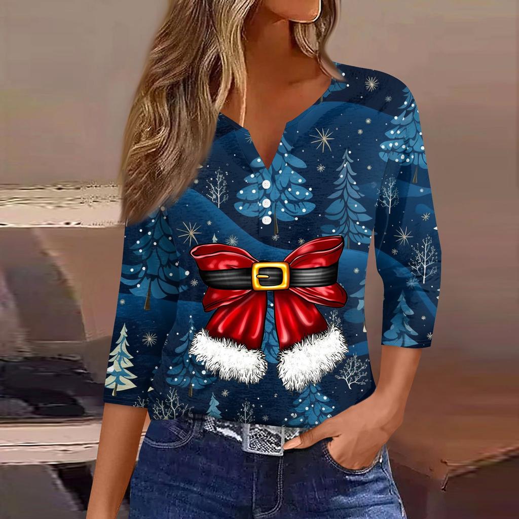 Женская рубашка с рукавом семь дюймов, напечатанная в стиле ретро, повседневная, свободная, с V-образным вырезом, рождественская