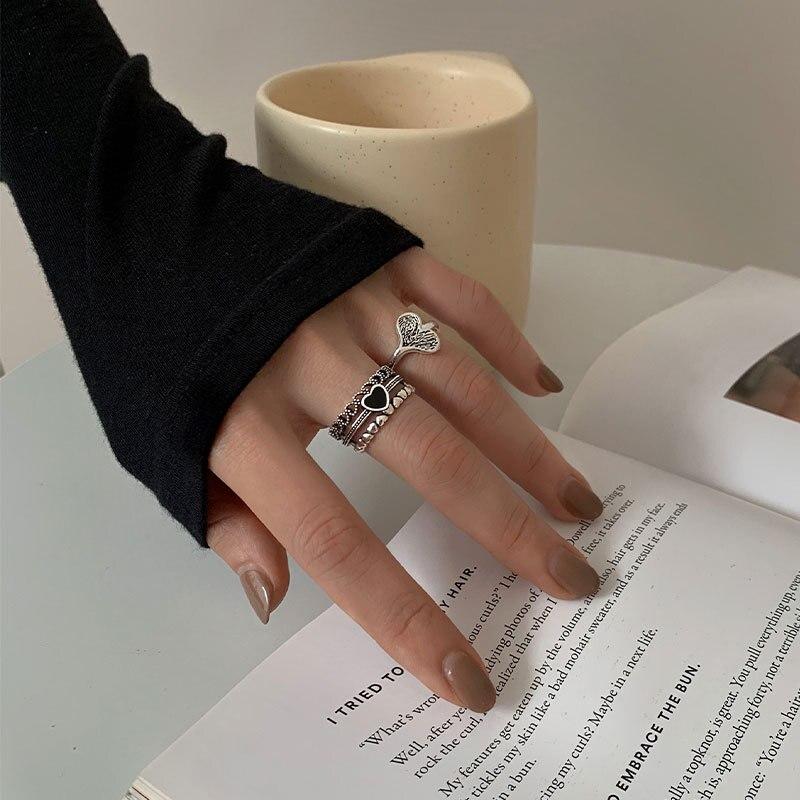 925 Sterling Silver Multilayer Heart Rings for Women Men Handmade Love Heart Thai Silver Rings Jewelry