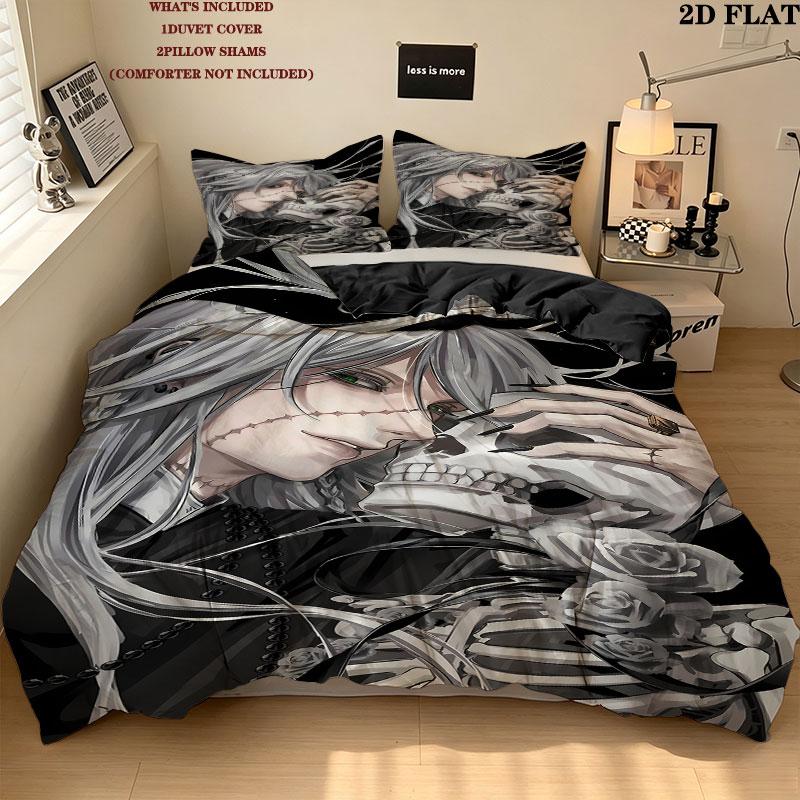 Black Butler Pattern Bedding Quilt Set Quilt Cover Pillowcase Home Birthday Gift(1 * duvet cover + 2 * pillowcase, without core)