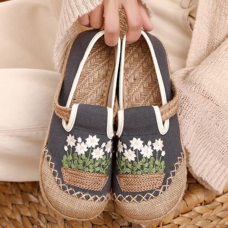 Johnature Женские туфли на плоской подошве в этническом стиле из хлопка и льна с круглым носком, вышитые вручную