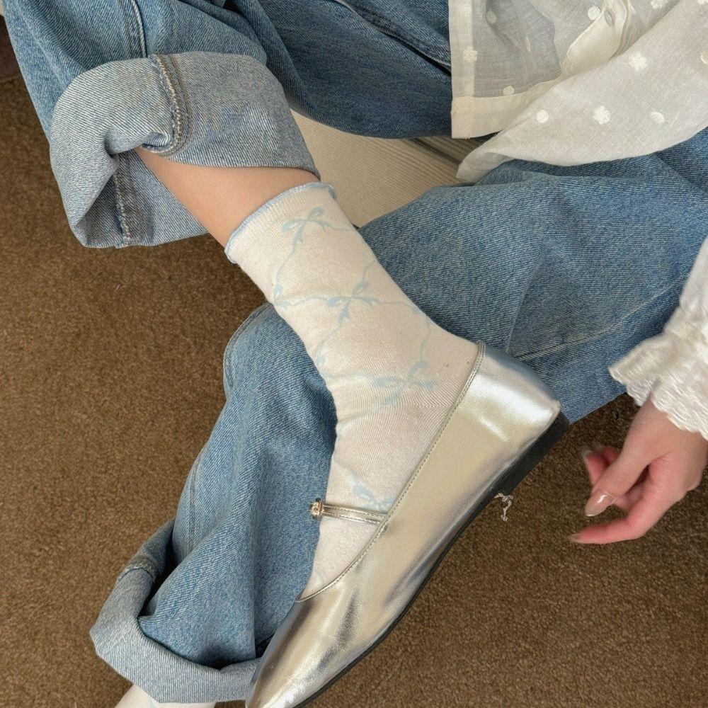 5Pairs Breathable Mid Tube Socks Thin Cotton Sweet Socks Women Cute Ruffle Bow Socks Streetwear
