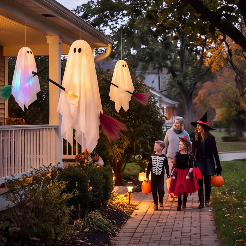 Outdoor Hanging Halloween Decoration: A ghost riding a broomstick featuring a string of LED lights with three modes; perfect for decorating porches
