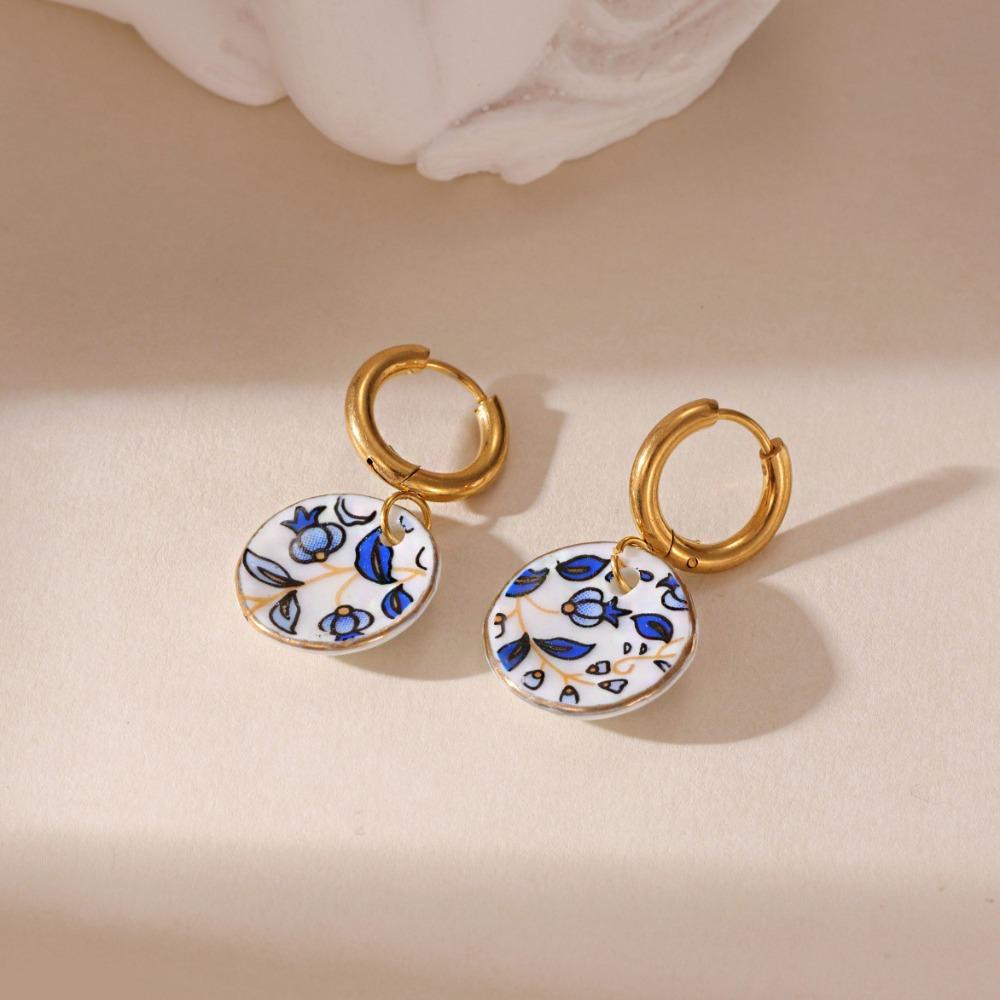 Chinese Style Blue and White Porcelain Earrings Dripping Oil Gold Enamel Hoop Earrings  Women