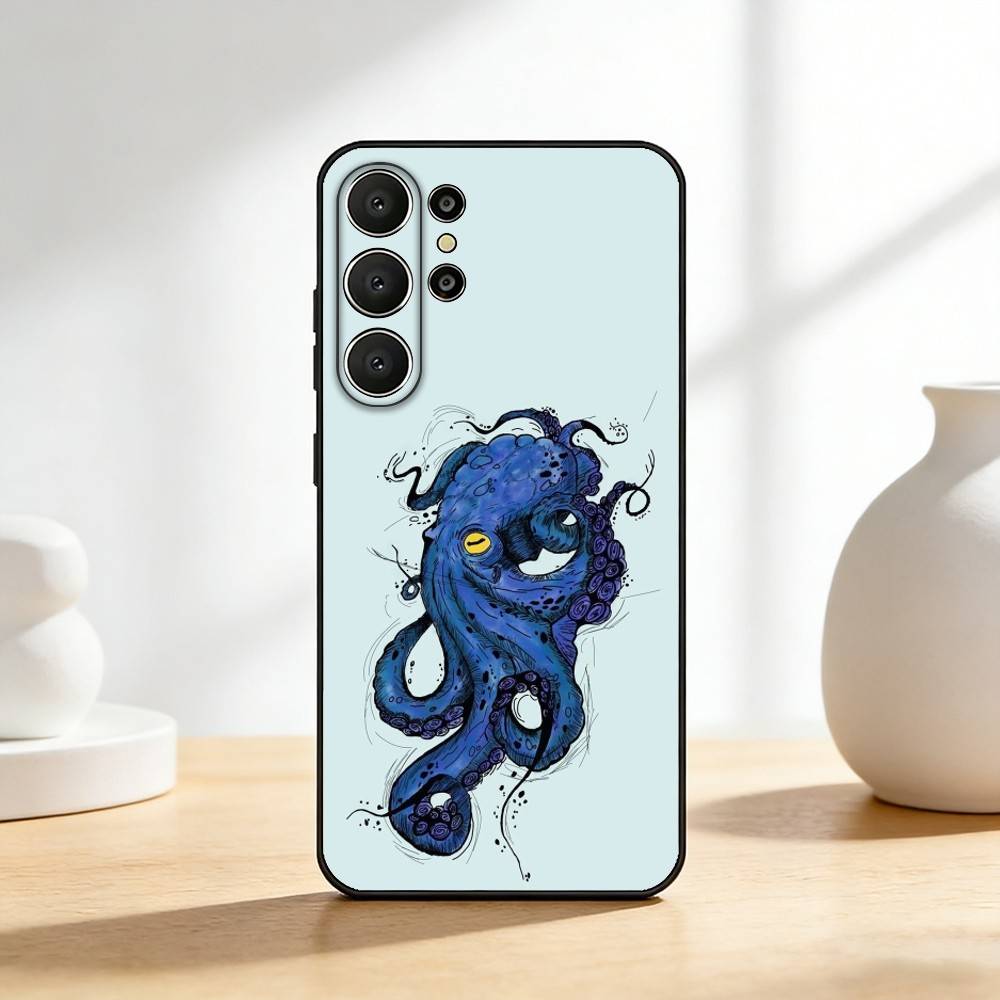 O-Осьминог S-Морские Животные O-Океан Чехол для Телефона Для Samsung S26,S25,24,23,22,30,21,10,9,Ultra,Plus,Lite,FE Мягкий Черный Чехол