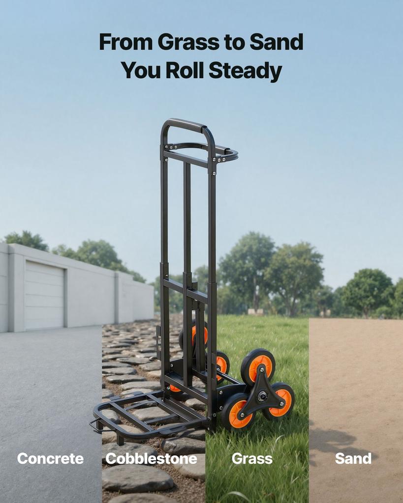 Stair Climbing Cart, 100 kg Stair-Climbing Capacity, Heavy-Duty Folding Trolley Cart with Telescoping Handle, 6 Wheels and 2 Bungee Cords, Stair
