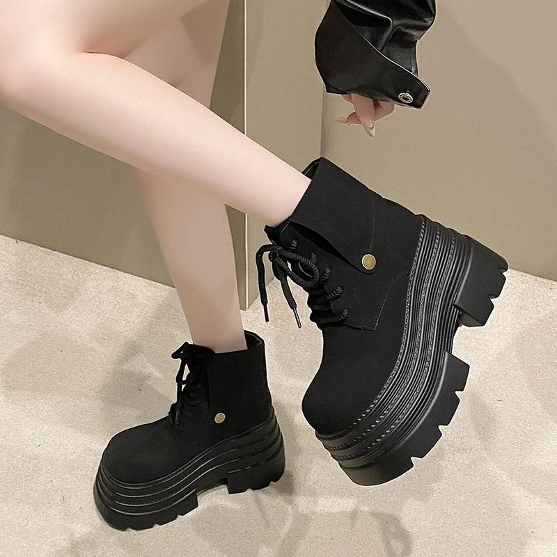 10 см Новые женские ботильоны 2024 года, осенне-зимние теплые панк-ботинки с мехом, повседневные кожаные короткие ботинки на массивной платформе Bota Mujer