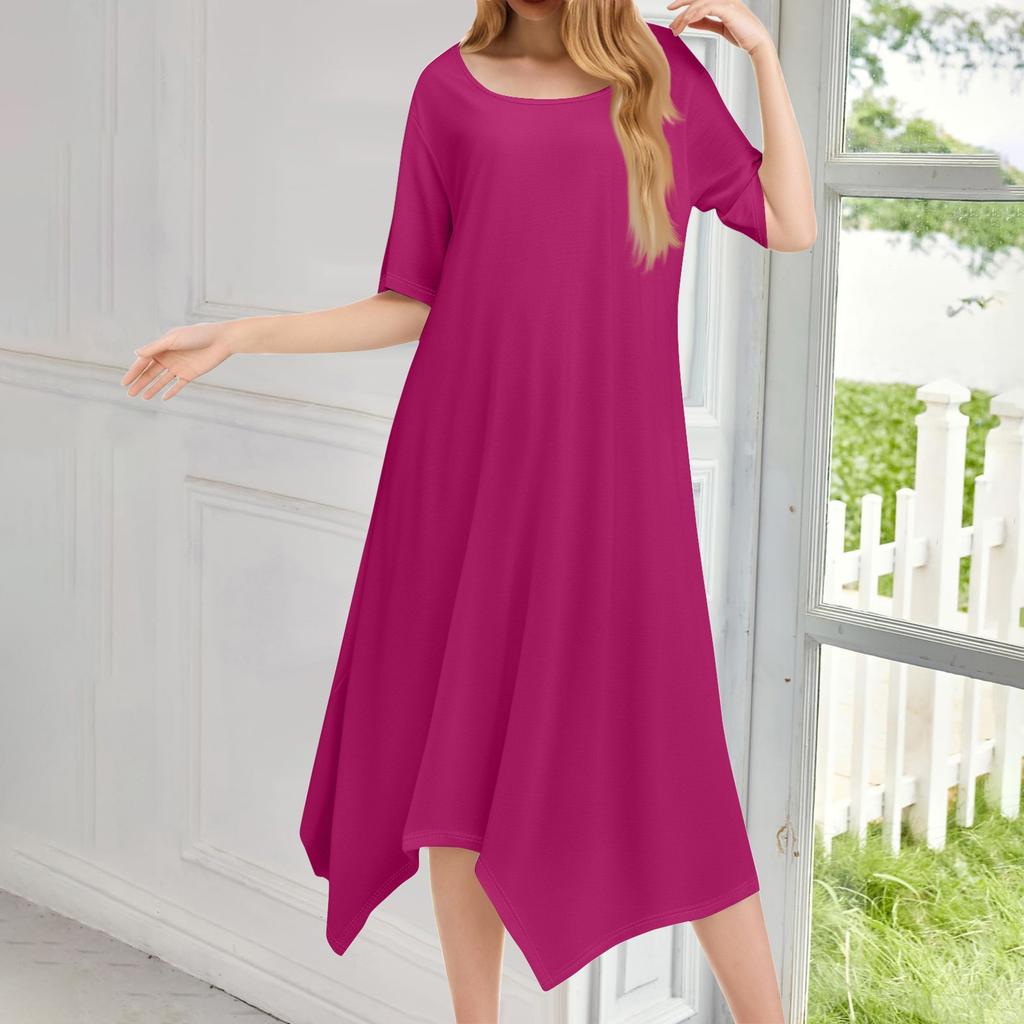 Женское повседневное модное платье миди с круглым вырезом и коротким рукавом, однотонное, с неровным подолом