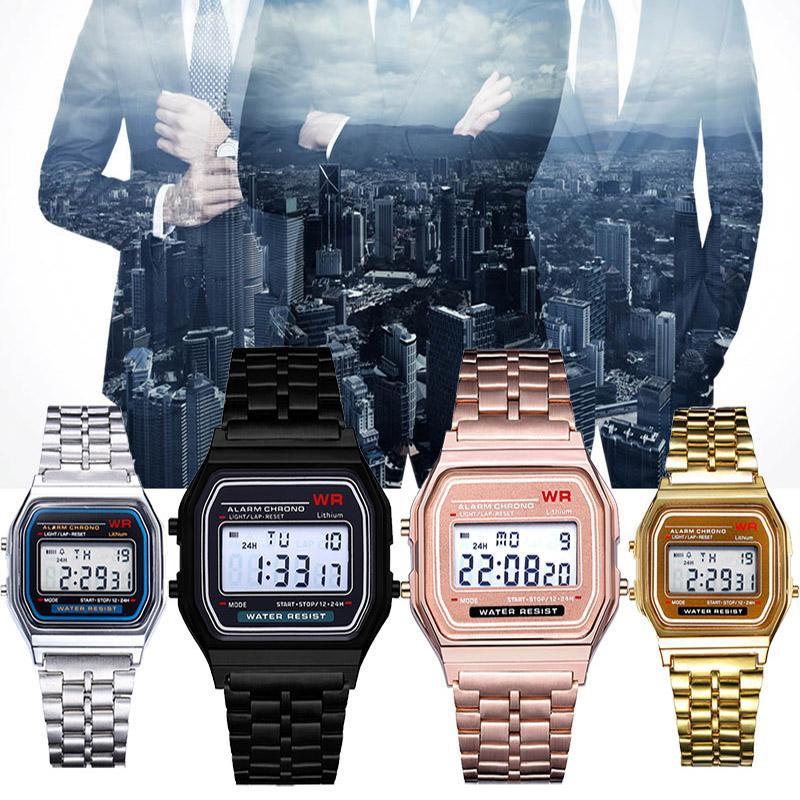 Мужские цифровые часы с браслетом из нержавеющей стали Светодиодные часы / Досуг / Спорт / Календарь