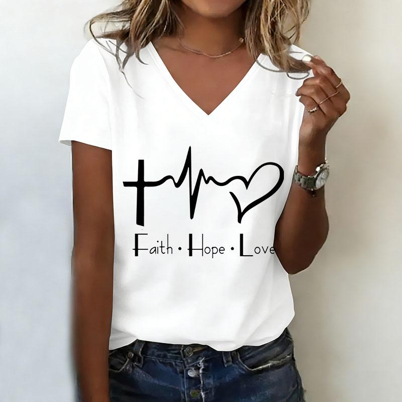 Футболка с V-образным вырезом Повседневная Мода Y2k FAITH HOPE LOVE С принтом Футболки Женские Короткий рукав Футболка с V-образным вырезом Летняя Весенняя