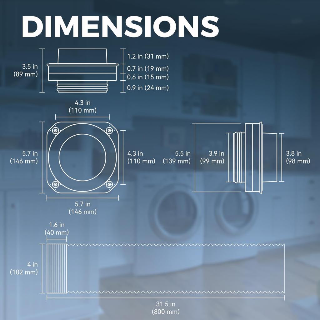 Магнитный соединитель вентиляционного отверстия сушилки DV180 Герметичное уплотнение Комплект соединителей вентиляционного отверстия сушилки Легко чистится Быстроразъемный соединитель Включая 2,6-футовый 4-дюймовый воздуховод и два хомута