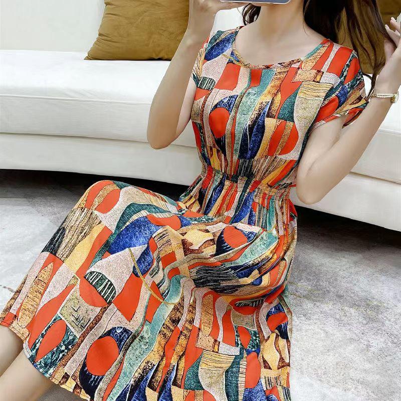 Летнее платье из хлопка и шелка в этническом стиле с цветочным принтом, модное элегантное платье больших размеров с короткими рукавами и средней длиной