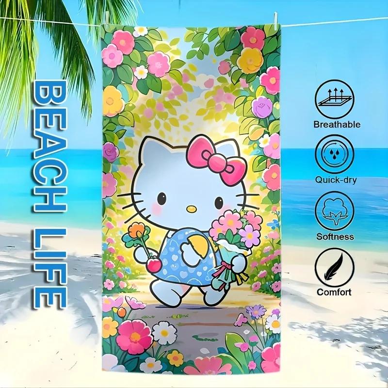 Hello Kitty Beach Towel Cartoon Flower Print Microfiber Quick Dry Bath Towel Oversized Absorbent Beach Blanket