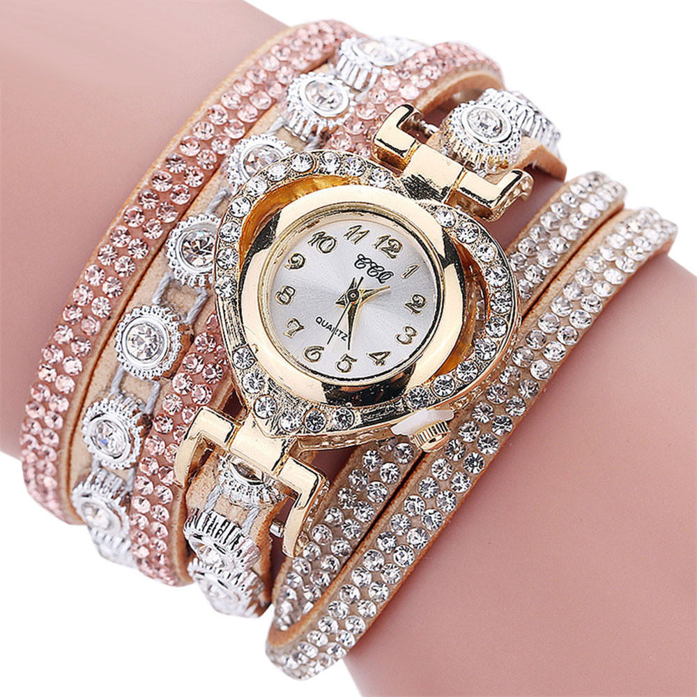 Leather Women Fashion Casual Decor Round Rhinestone Bracelet Watch