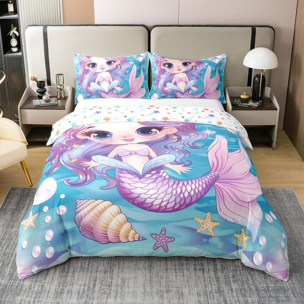 Cute Mermaid Tail Duvet Cover Set Queen King Size Fairy Tale Themed Princess Bedding 3 Pcs For Girls Bedroom Decor Super Soft