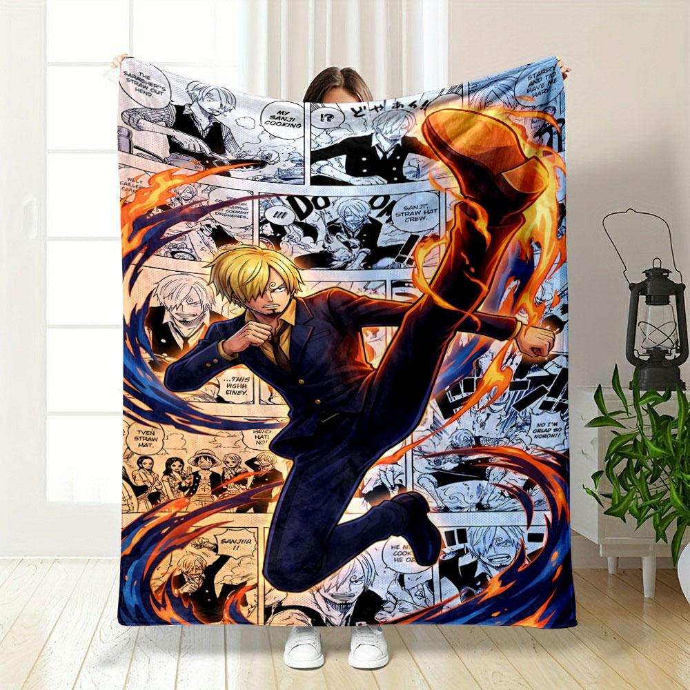 A Blond Character Performing a Fiery Kick Amid Dynamic Comic Panels. for All Seasons Blanket Lunch Break Throw Gift