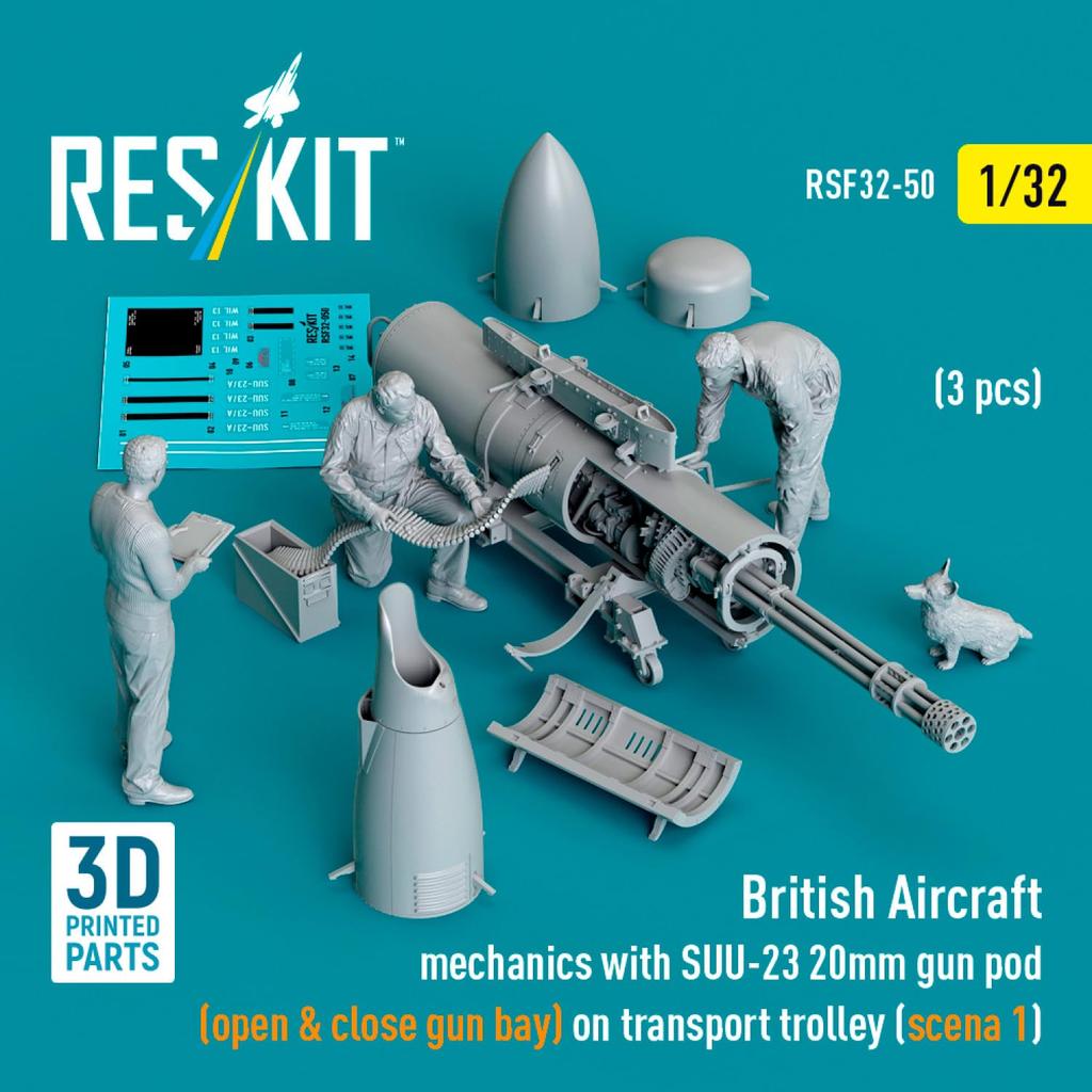 Reskit British Mechanic Gunpod Trolley 3D Printer Resin Kit 1/32 w/SUU-23 & "Type 1" (3 Pieces) RSKF32-0050 (Airplane)