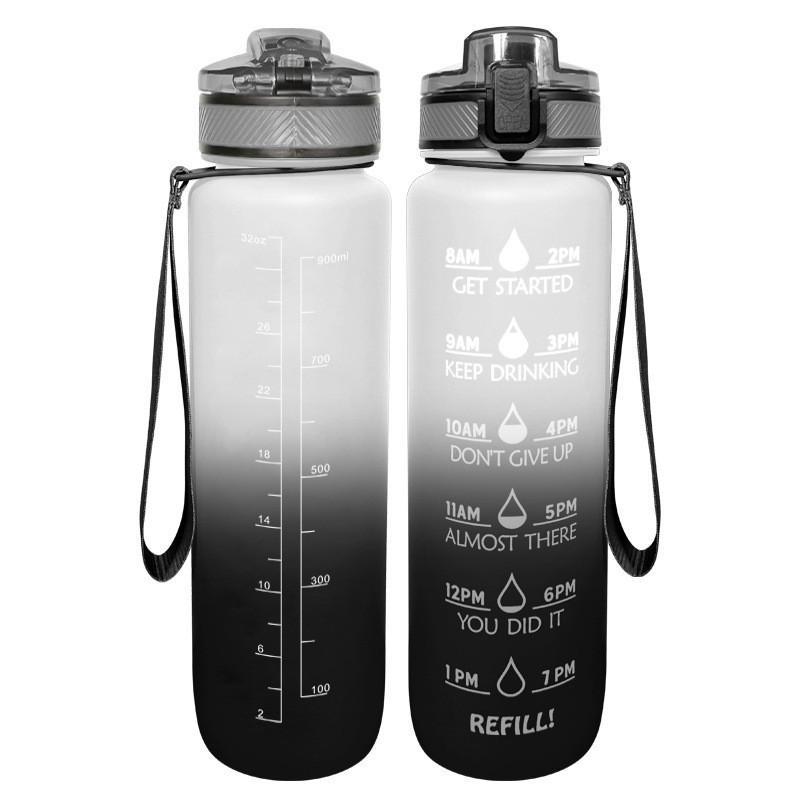 Tritan Frosted 1000ml Plastic Water Bottle with Time & Capacity Scale, Portable Handle