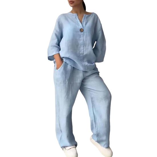 2 Pcs/Set Women Plus Size Shirt Trousers Set Solid Color Long Sleeves V Neck Blouse High Waist Loose Wide Leg Pants Set Casual Commute Outfit