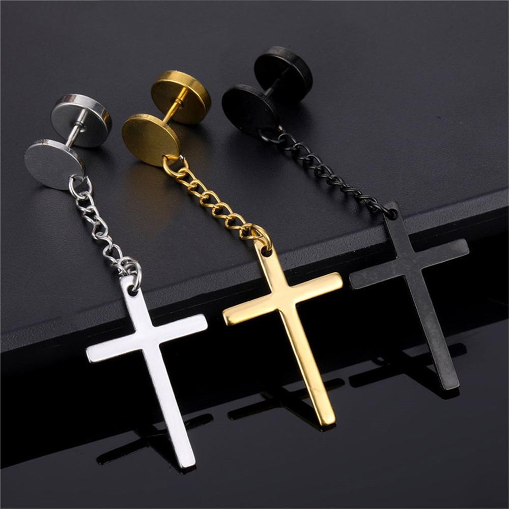 Punk Gothic Stainless Steel Stud Earring Cross Round Fake Ear Taper Dumbbell Fashion Women Men Rock Jewelry