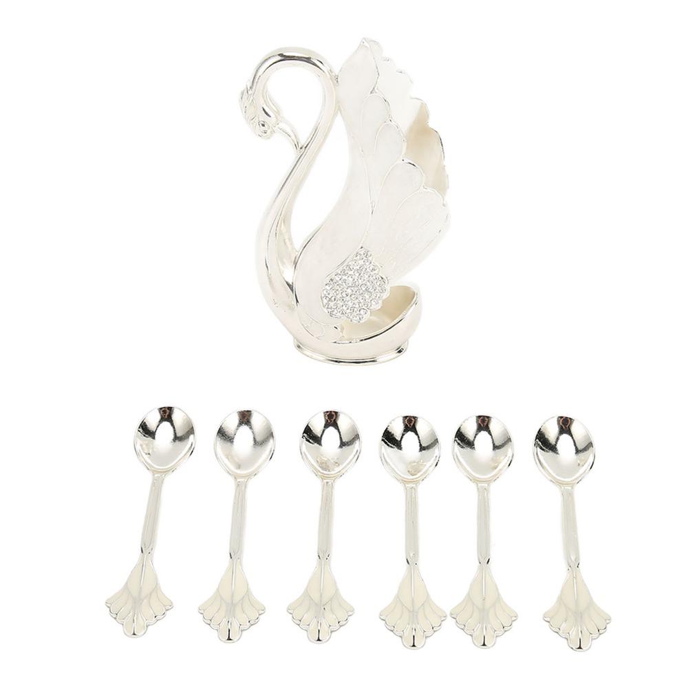 7pcs Zinc Alloy Material Coffee Spoons Set Modern Style Swan Shaped Teaspoons Set Rhinestone Inlaid Table Organizer