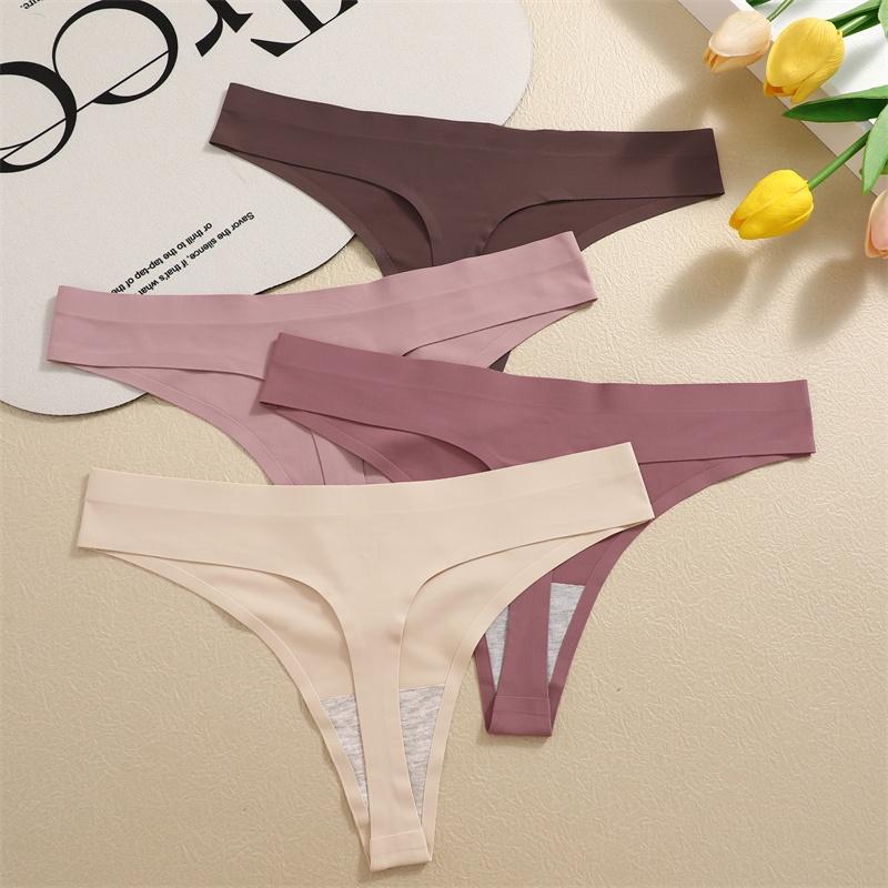 FINETOO Women Seamless Thong Maillard Color Sexy G-String Female Multi Color Ice Silk No Trace Underwear High Cut Soft Panties