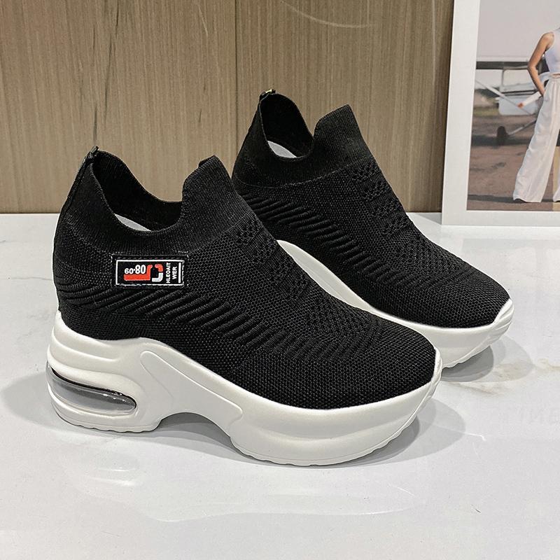 New Ladies Sneakers Spring Sequin Casual Women's Platform High Heels Wedge Heel Heightening Knitted Ladies Vulcanized Shoes