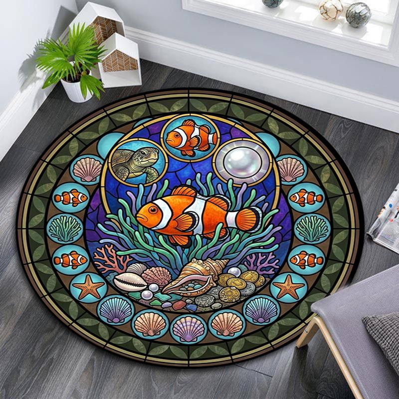 Ocean Life Glass Round Area Rug Under Office Chairs Bedroom Living Room Home Decor