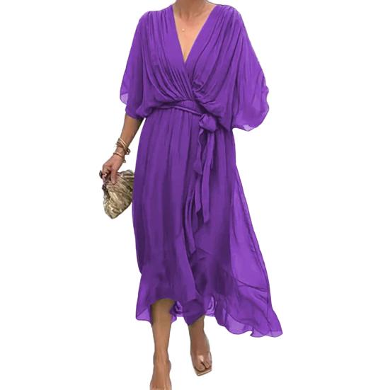 Вечернее платье с рукавами «летучая мышь», неровным оборчатым подолом, V-образным вырезом, шнуровкой на талии, плиссированным однотонным платьем миди из тонкой ткани для выпускного вечера